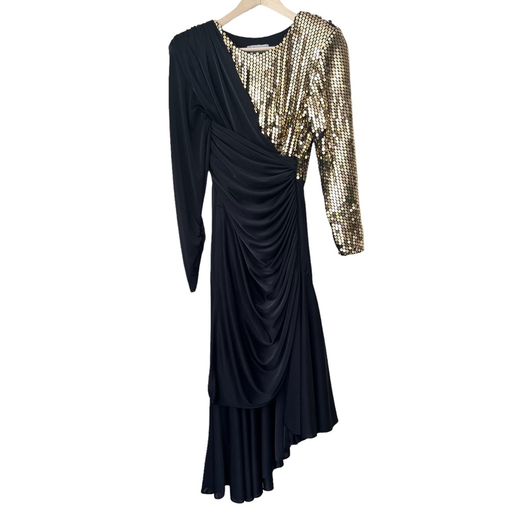 Vtg 80s Susan Roselli Vijack Black Gold Sequin Dress Asymmetrical Ruching S